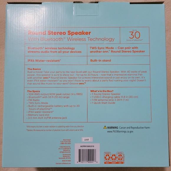 onn. Portable Bluetooth Speaker IPX4 Water Resistant Round Wireless Speaker - Picture 2 of 4